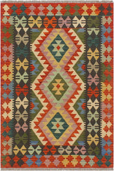 Flat Weave Kilim Antique Navaho Vintage handmade Geometric Kilim Rust Charcoal Hand-Woven Rectangle 100% Wool Area Rug 3x4
